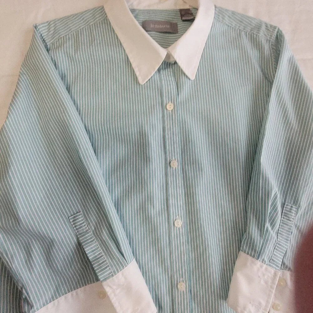 Teal Blue & White Pin Stripe Blouse XL Liz Claiborne - Picture 1 of 16